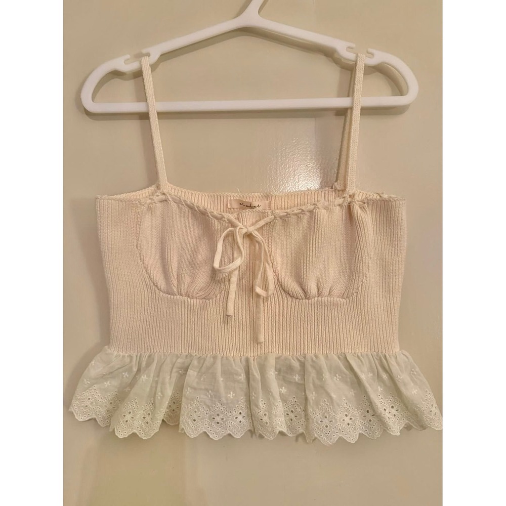 Et Cet Cream Knit Peplum Tank Top Coquette Cottagecore Lace Trim Cami Large